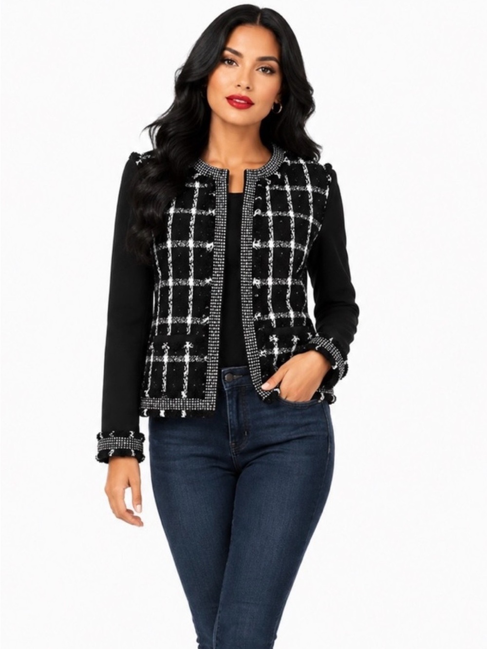 Tory Burch Marisol Black and Cream Tweed Jacket EUC